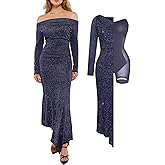 Popilush Shapewear Maxi Dress Women's Sparkly Off Shoulder Long Sleeve Formal Cocktail Dresses Bodycon Mermaid Dress