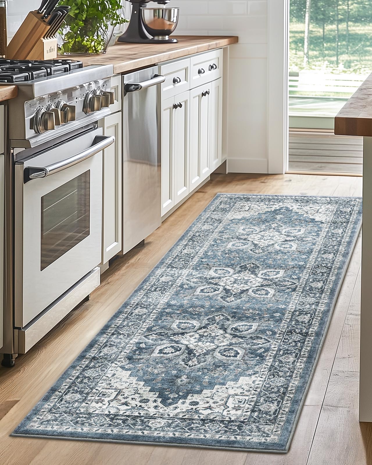 AMADA HOMEFURNISHING 2x5 Washable Runner Rug, Low-Profile Kitchen Rugs with Non-Slip Backing & Durable Edge Binding, Vintage Entryway Runner Rug for Bedroom & Hallway Image