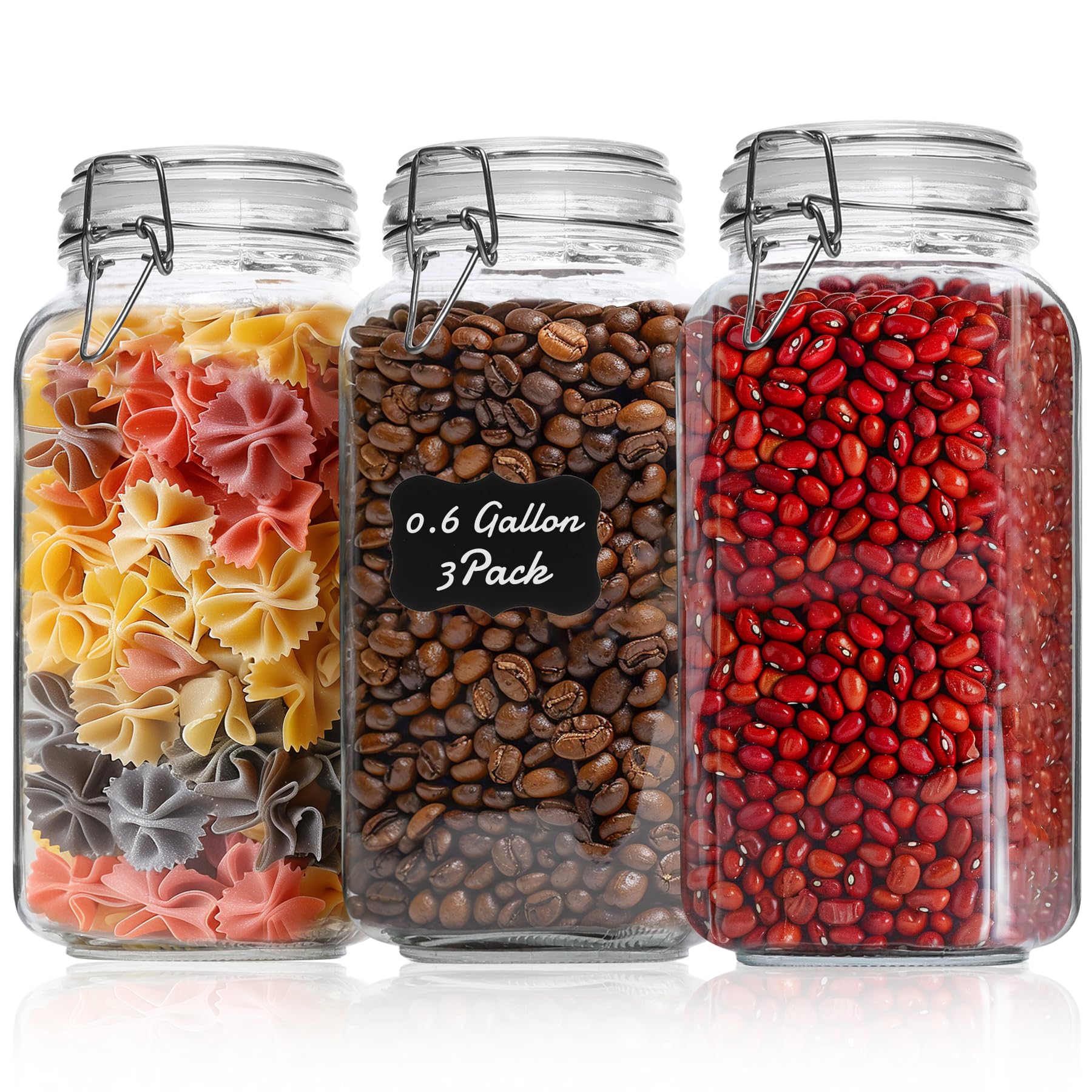 ComSaf Clip Top Jar 2300ML Airtight Glass Storage Jars with Lids Set of 3 - Large Kitchen Storage Container Rectangle Preserving Jar for Pickling, Jam, Pasta, Dry Foods