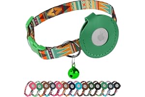 BUDKAS Airtag Cat Collar with Bell - Non Breakaway Soft Pet Collar with Leather Air Tag Holder - Adjustable GPS Anti-Lost Collars for Girl Boy Cats Kitten Puppies, Lightweight and Patterned (Mexican Green)