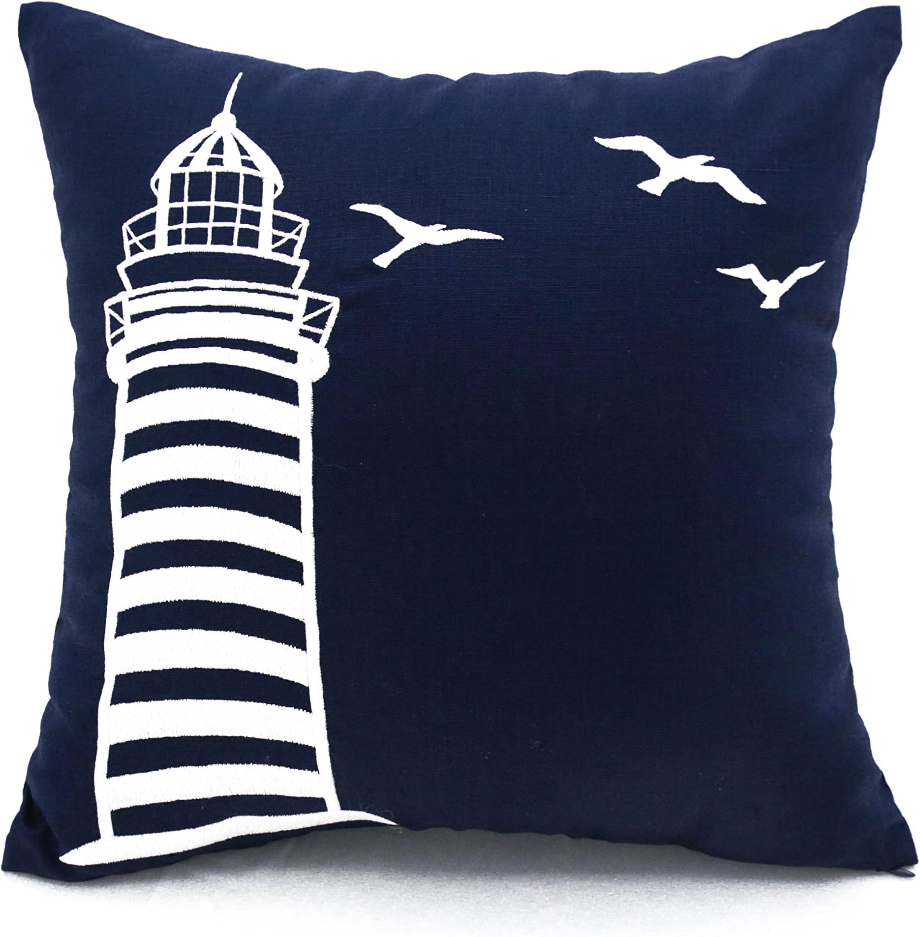 KainKain Lighthouse Decorative Pillow Cover, Navy Blue White Nautical Pillowcase, Cotton Linen Square Cushion Couch Cover Embroider, Coastal Ocean Style Beach Home Decor (18 inch x 18 inch)