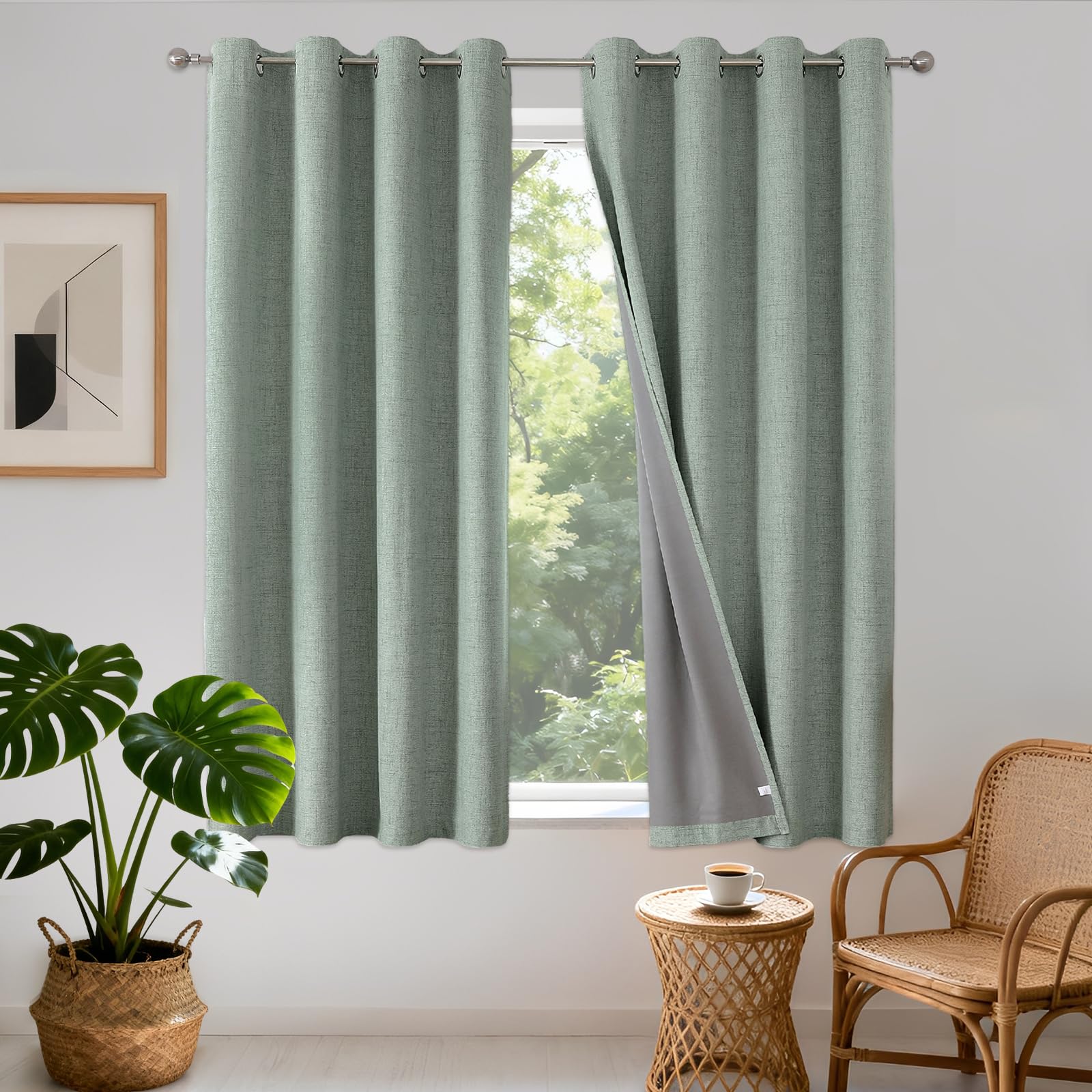 Joydeco 100% Blackout Lined Curtains W52 x L63 Inch Drop, Linen Look Textured Thermal Insulated Short Eyelet Curtains with Coating Back Layer for Living Room Bedroom, Sage Green - 2 Panels