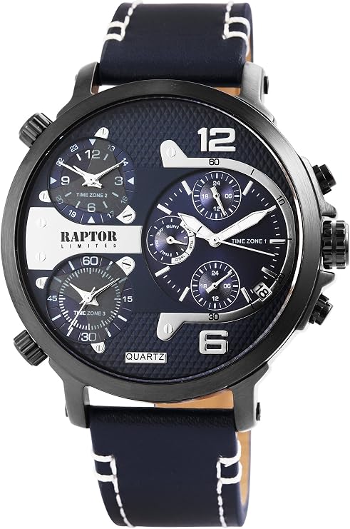 Raptor Limited Maxx RA20130 Orologio Uomo Analogico Quarzo - 3 Fusi Orari, Cassa 52mm, Nero E Oro Rosa