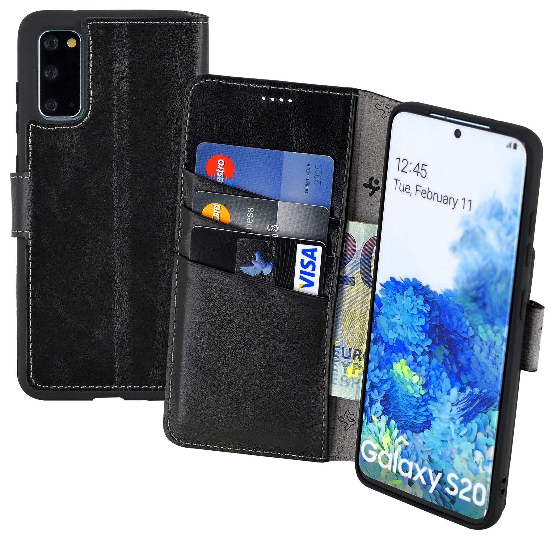 Suncase Book-Style Case Compatible with Samsung Galaxy S20 Leather Case (Slim Fit) Leather Mobile Phone Case Protective Case with 3 Card Slots in Black