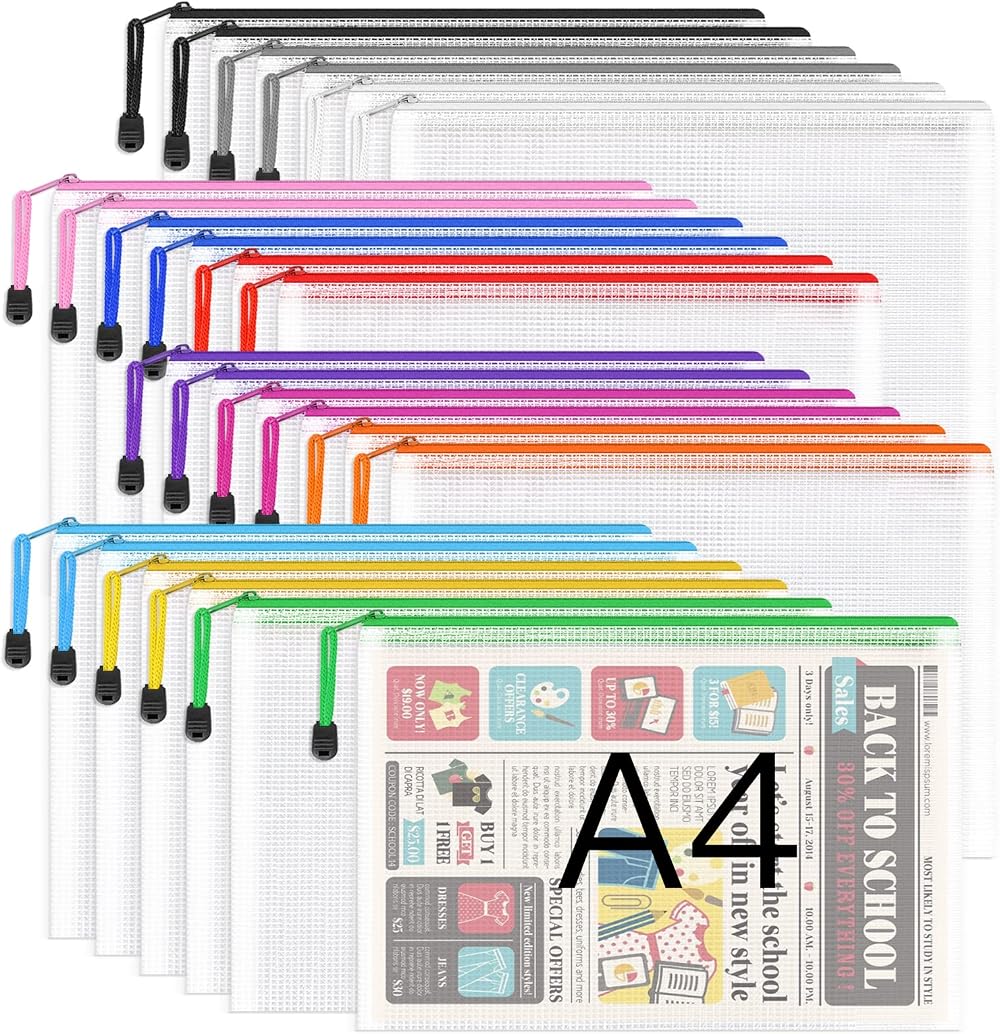 Umriox A4 Plastic Zip Folders 24 Pcs Mesh Document Wallets Waterproof 34x24cm
