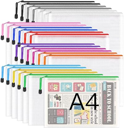 Umriox A4 Plastic Zip Folders 24 Pcs Mesh Document Wallets Waterproof 34x24cm