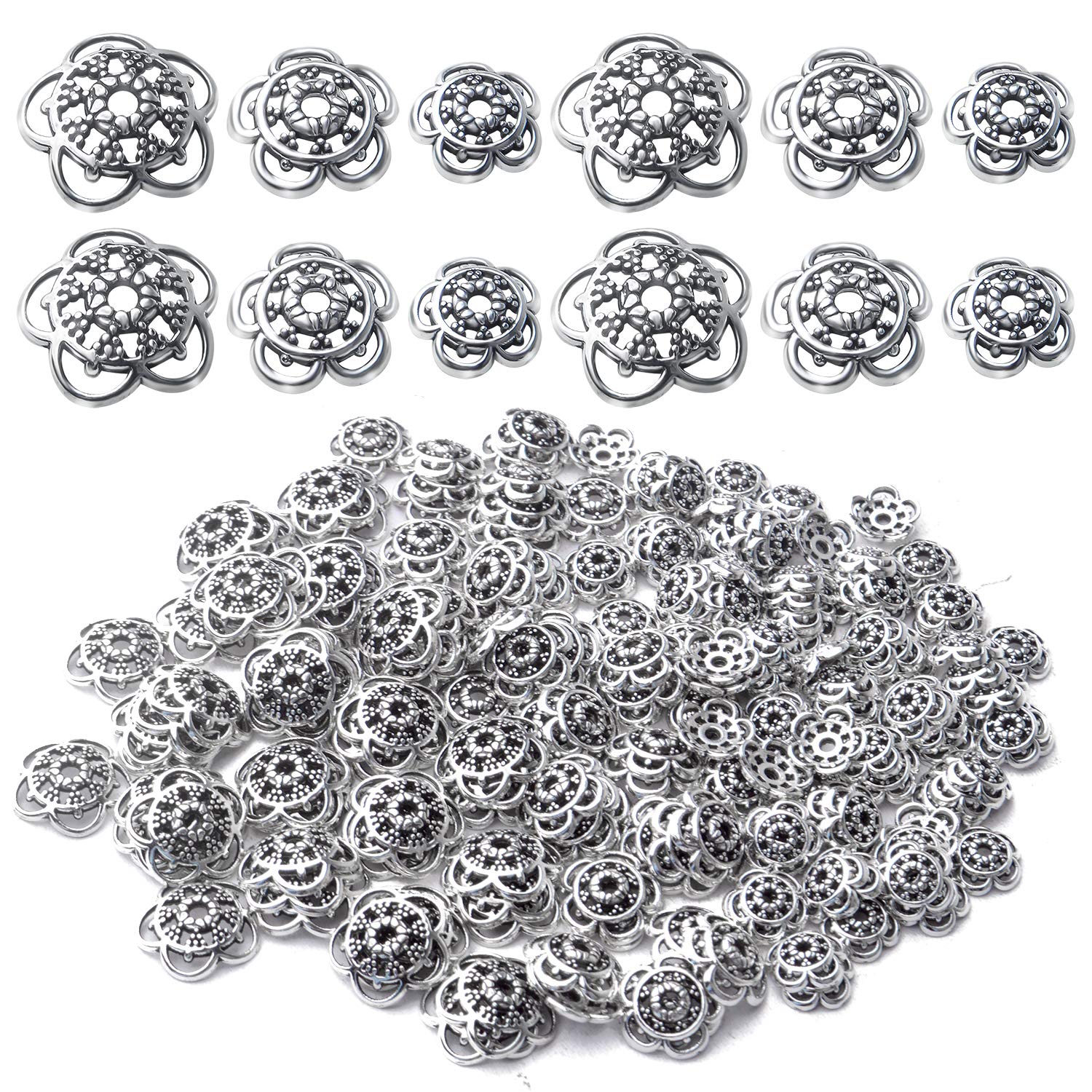 200pcs 12mm/10mm/8mm Antique Silver Flower Bead Caps Alloy Tibetan Spacer Bead Caps Bali Style Jewelry Spacer Caps for Earring Necklace Jewelry Making Supplies