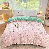 OranFran Kids Cartoon Bedding Set Pink Floral Duvet Cover 3PCS Kawaii Duvet Cover Set, Ultra-Soft Comforter Cover Reversible Design for Girls Boys(Queen,Flowers)