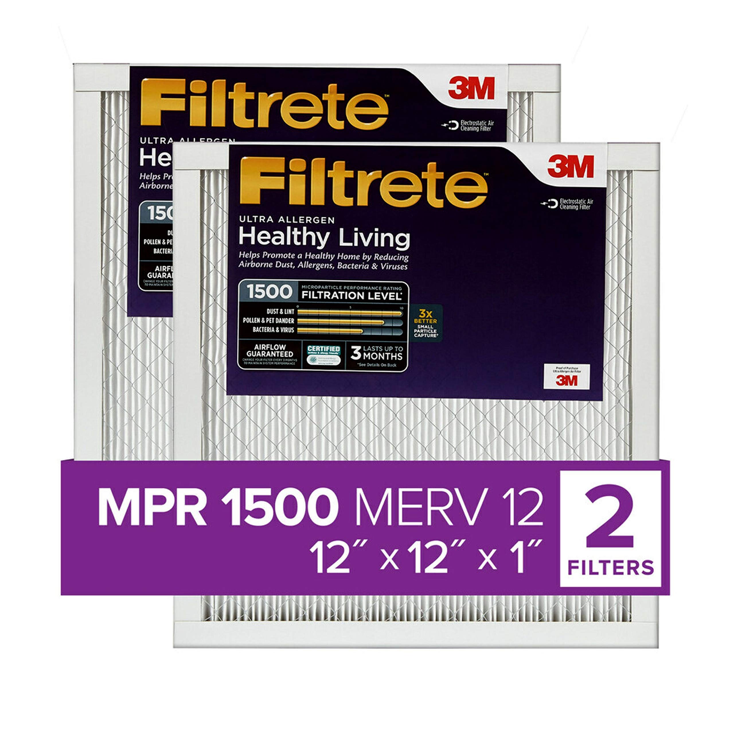 Filtrete12x12x1 AC Furnace Air Filter, MERV 12, MPR 1500, CERTIFIED asthma & allergy friendly, 3 Month Pleated 1-Inch Electrostatic Air Cleaning Filter, 2-Pack (Actual Size 11.81x11.81x0.78 in)