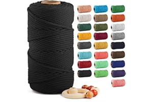 Macrame Cotton Cord 5mm x 109 Yards, ZUEXT 100% Natural Handmade Colorful 4 Strands Twisted Braided Cotton Rope for Wall Hanging Plant Hangers Gift Wrapping Tapestry DIY Crafts(100m, Black)