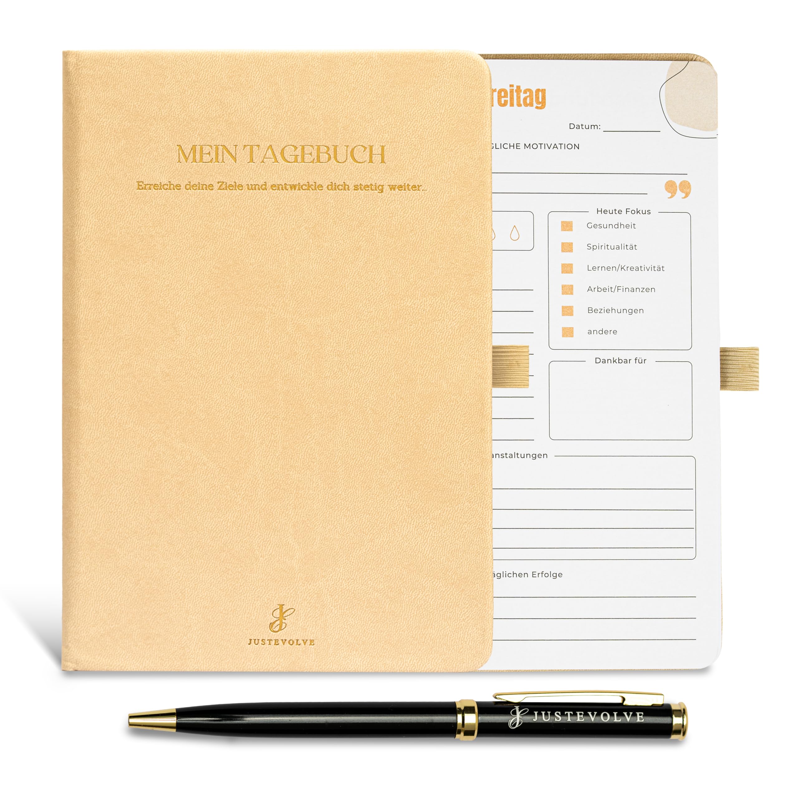 JUSTEVOLVE My Diary Mindfulness Success Journal - Self-Reflection Gratitude Diary - Undated Leather Planner with Pen