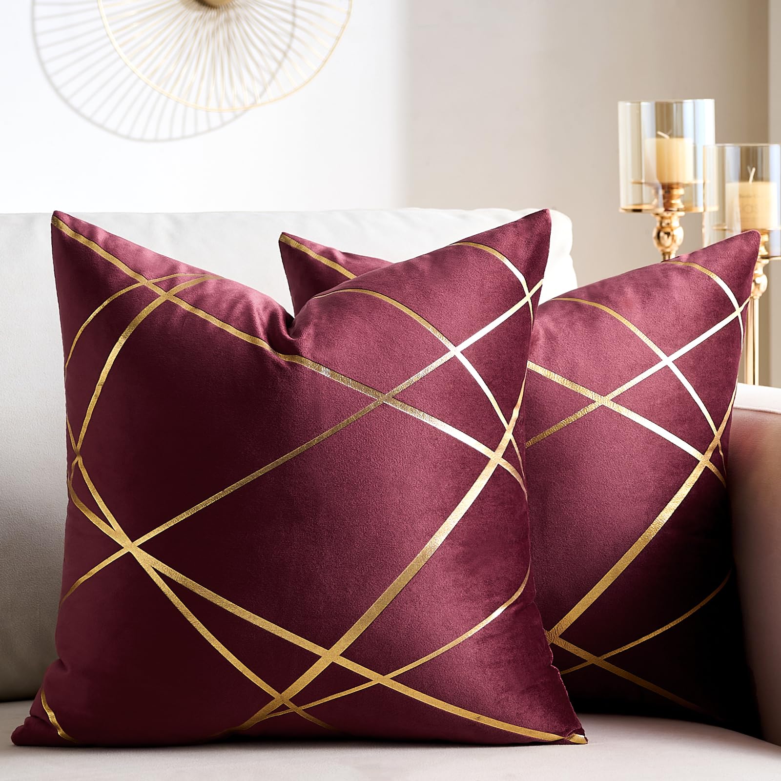 2 Pack Velvet Cushion Cover 45 x 45 CM Claret Decorative Throw Pillow Covers Gold Lines Square Geometry Cushion Case Soft Home for Living Room Bedroom Spring Summer 18 x 18 Inch