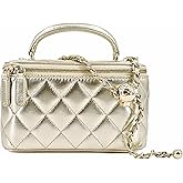 M-ioi-M Small Genuine Leather Purse Quilted Crossbody Bag for Women, Mini Top-Handle Shoulder Handbag w/Gold Chain Strap