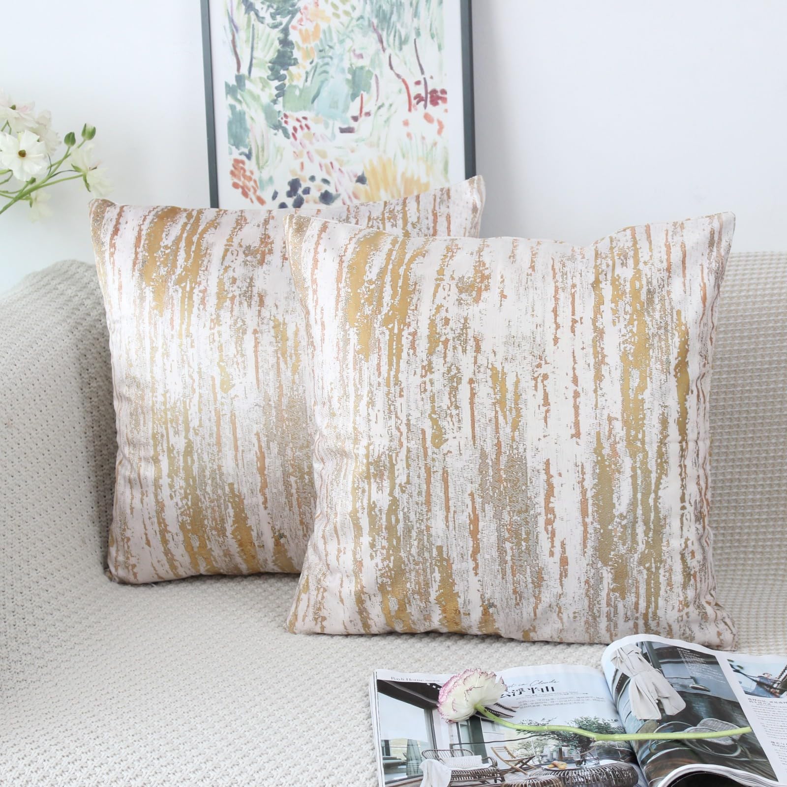 NIULAA Velvet Mustard Yellow Cushion Covers 18x18 Double Sided Vintage Cushion Cover 45cm x 45cm Set of 2 Soft Neutral Abstract Pillow Cases 45 x 45 for Sofa Living Room Bedroom