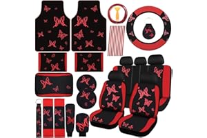 BBTO 47 Pcs Butterfly Car Seat Full Set Butterfly Car Accessories for Women 5 Front Rear Seat Covers Wrist Strap 2 Pieces Cup Mat Armrest Pad 2 Belt Cover Accessories for SUV(Red Black)