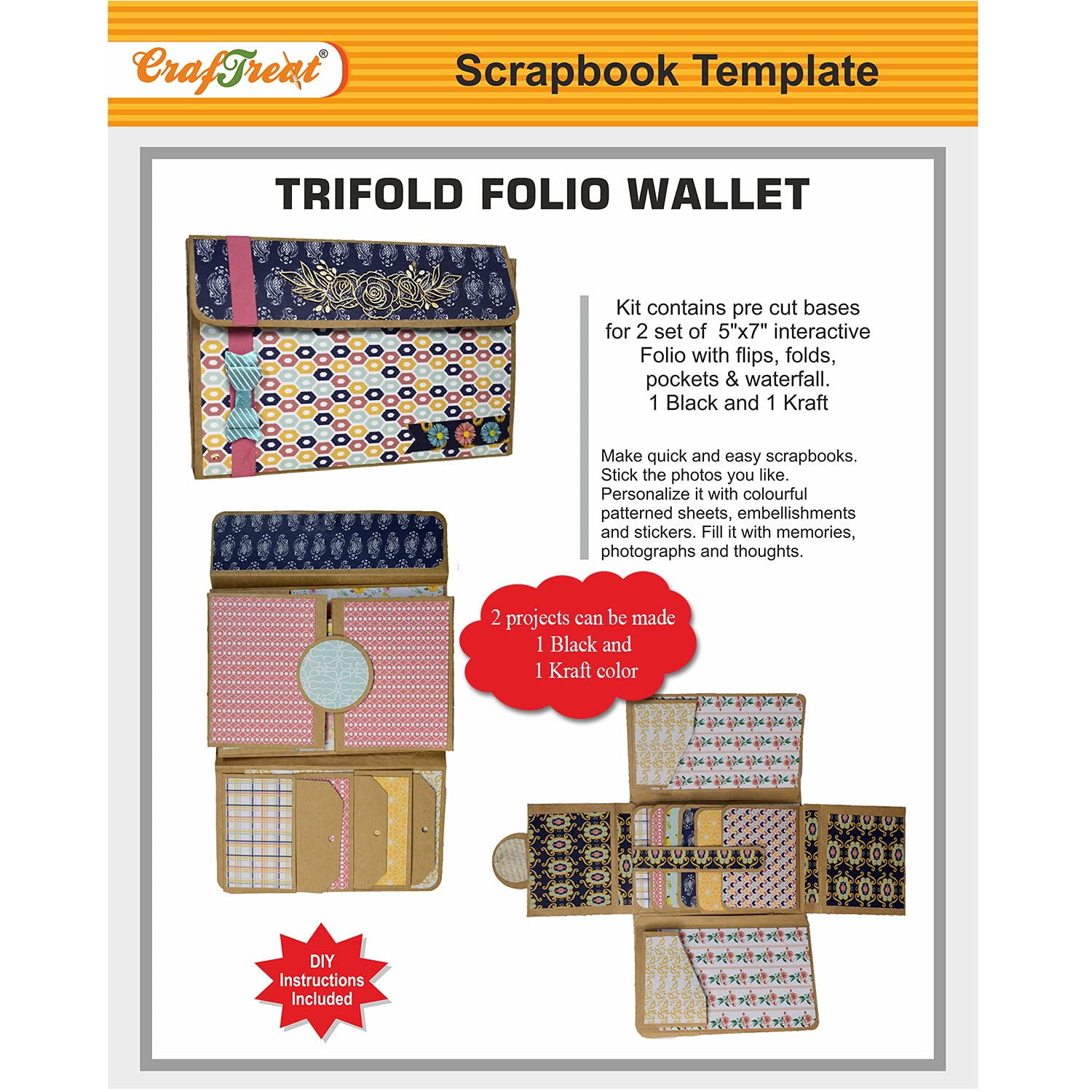 CrafTreat Trifold Folio Wallet Scrapbook Templates – 2 Sets (1 Black & 1 Kraft) | Precut & Prescored DIY Album Making Kit | 5x7 Folio with Magnets
