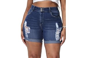 ALLEGRACE Plus Size Denim Shorts Women High Waisted Ripped Folded Hem Jean Shorts