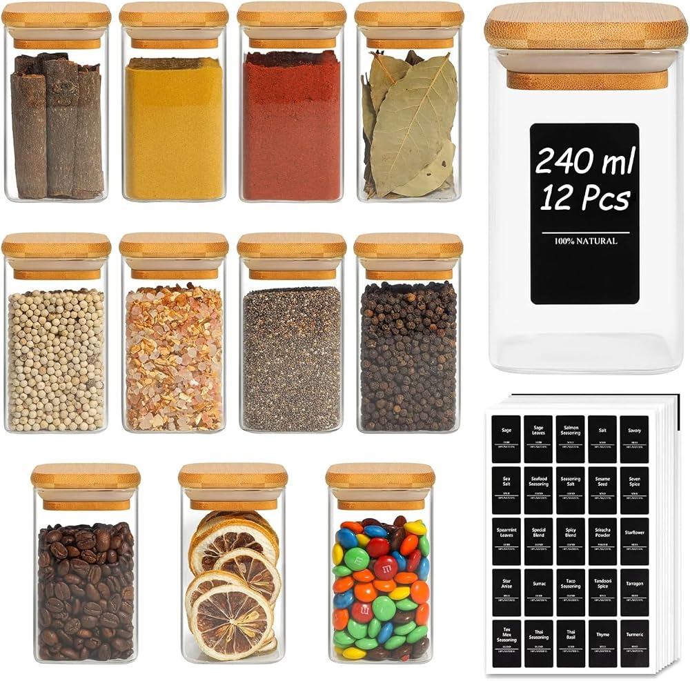 ComSaf 12 Glass Spice Jars 240ml with Bamboo Lids & Labels Airtight