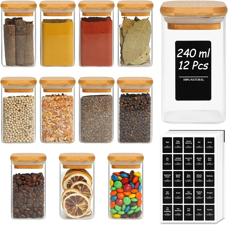 ComSaf 12 Glass Spice Jars 240ml with Bamboo Lids & Labels Airtight