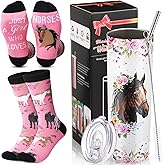 Umigy 2 Pcs Horse Gifts 20 oz Stainless Steel Horse Tumbler and Novelty Socks Graduation Gifts Stuff for Women Lovers Friends Coworkers Birthday Horses Racing Festival, Pink