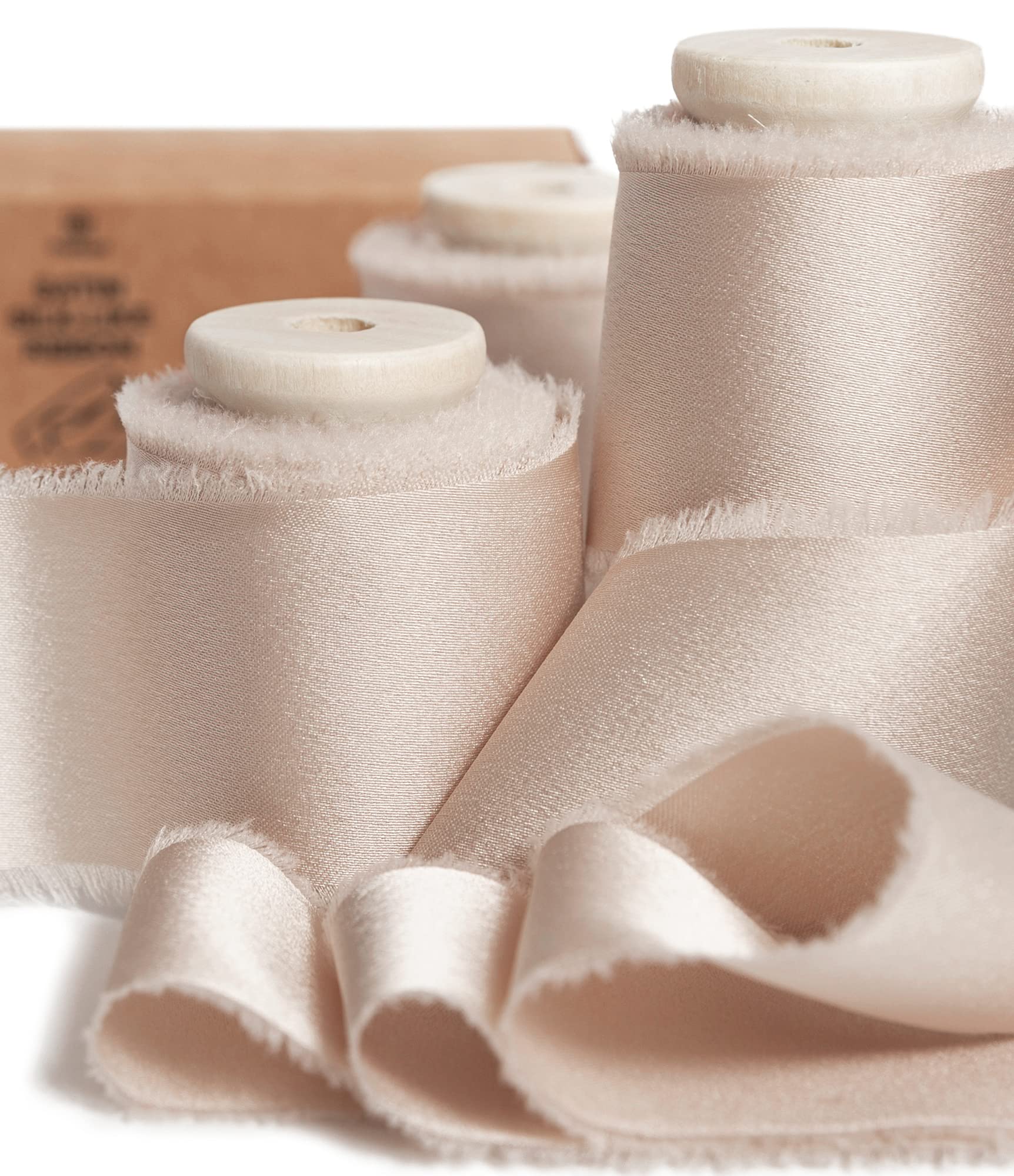Vitalizart Light Nude Silky Satin Ribbon, 1.5'' x 15 Yard with Wooden Spool, Handmade Fringe Chiffon Ribbons for Gift Wrapping, Festive Decoration, DIY Craft, Wedding Bridal Bouquet