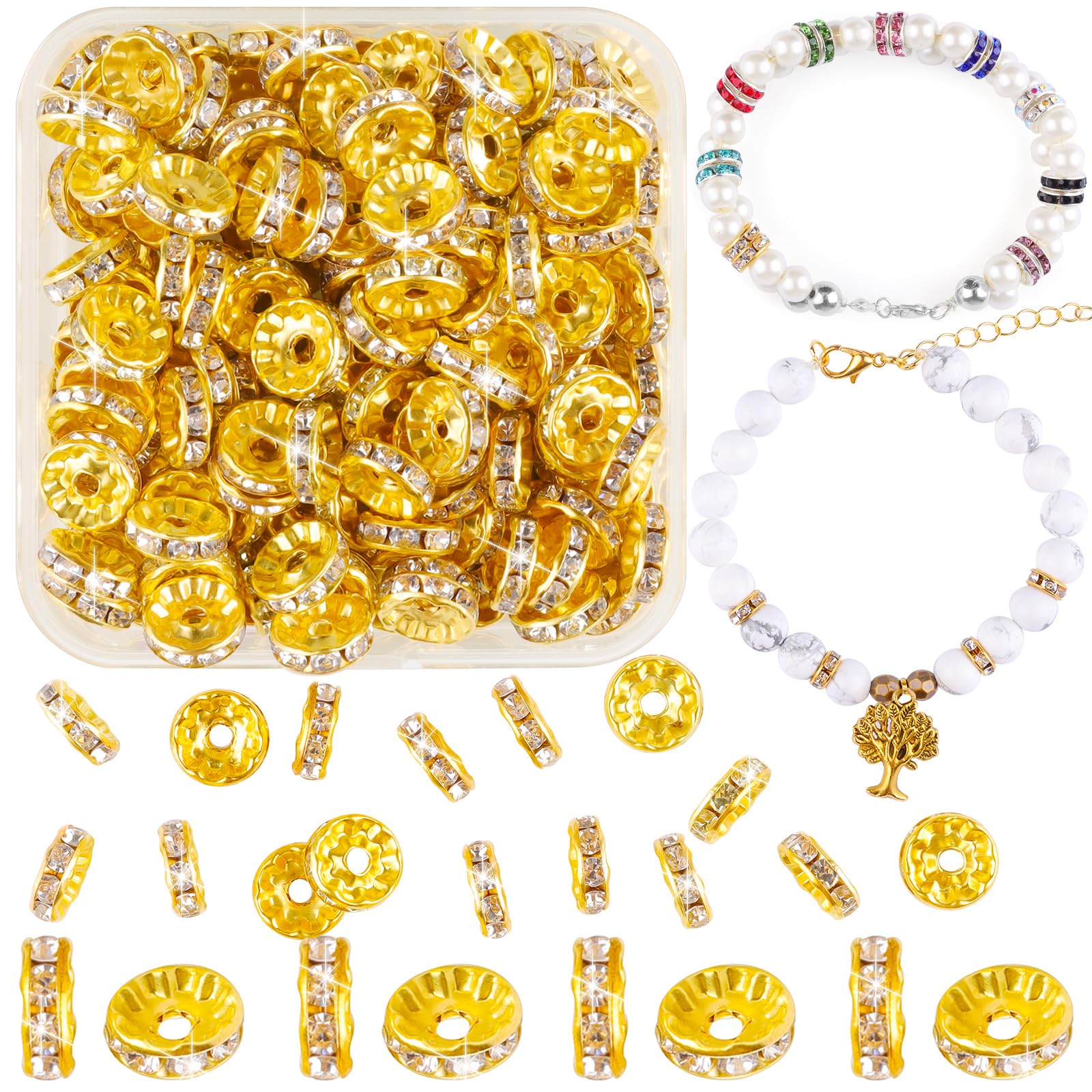 400 Pieces 10 mm Crystal Rondelle Spacer Beads Gold Metal Beads Loose Round Spacer Beads for DIY Bracelets Earrings Necklace Jewellery Decorations