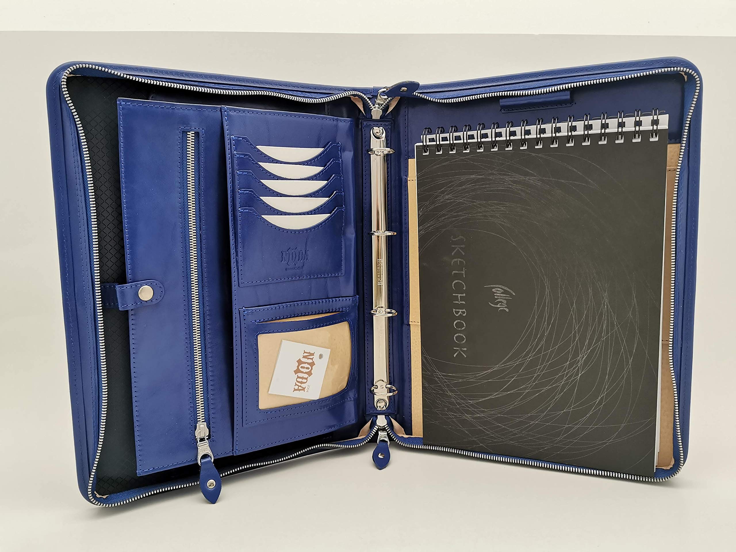 Italian Leather Folder Zipped Business Presentation Conference A4 Folder Padfolio Ring Binder (Blue)