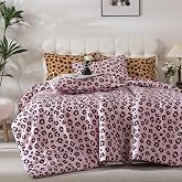 Caressma Safari Leopard Cheetah Print Comforter Set, Full Size Girls Pink 3 Pieces Comforter Bedding Set, Ultra Soft Washed Cotton Fiber, Untamed Wilderness Style Comforter with Pillowshams
