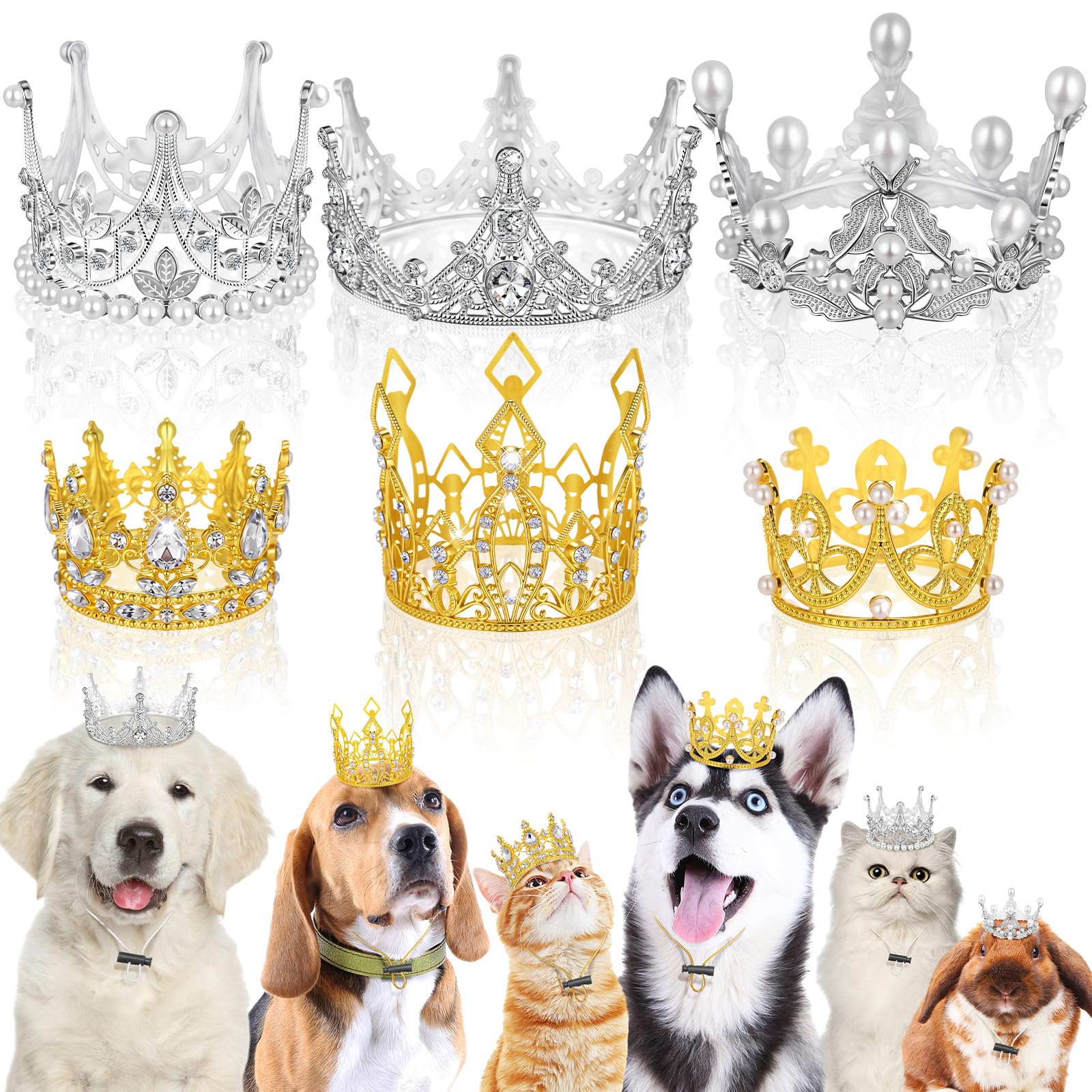 Photo 1 of Yaomiao 6 Pcs Dog Crown Headband Puppies Rabbit Cat Hat for Birthday Party Rhinestone Faux Pearl Crown with Adjustable Strap for Pet Wedding Adoption Celebration Hair Accessories Photo Prop