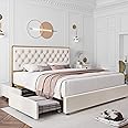 HIFIT Full Upholstered Bed Frame with 4 Storage Drawers and Handmade Button Tufted Headboard, Modern Velvet Full Size Platform Storage Bed with Solid Wooden Slat, No Box Spring Needed, Golden & Beige