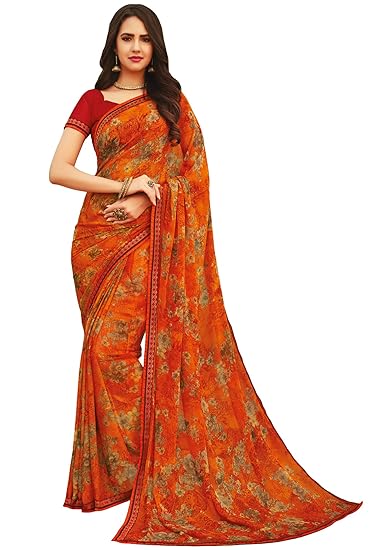 Women's Orange Chiffon Printed Saree And Blouse Material_RKRU3307B