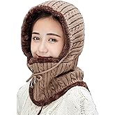 Women Winter Beanie Hats One-Piece Fleece Lined Knit Balaclavas Mask Set Skull Neck Circle Scarf Ski Snow Hat Cap with Pompom