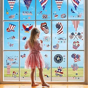 9Sheets 92PCS 4th of July Decor-Independence Day Decorations, Patriotic Independent Memorial Day Window Clings Decals for Glass, Fourth of July Red White Blue Window Stickers for Home Party Ornaments