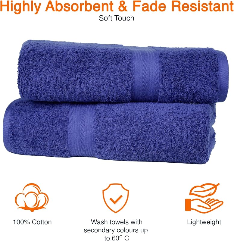 Drap de Bain Grande Taille - 100% Coton Anti-décoloration, Ultra Doux et Absorbant - 70 x 140 cm, Bleu Royal, Lot de 2