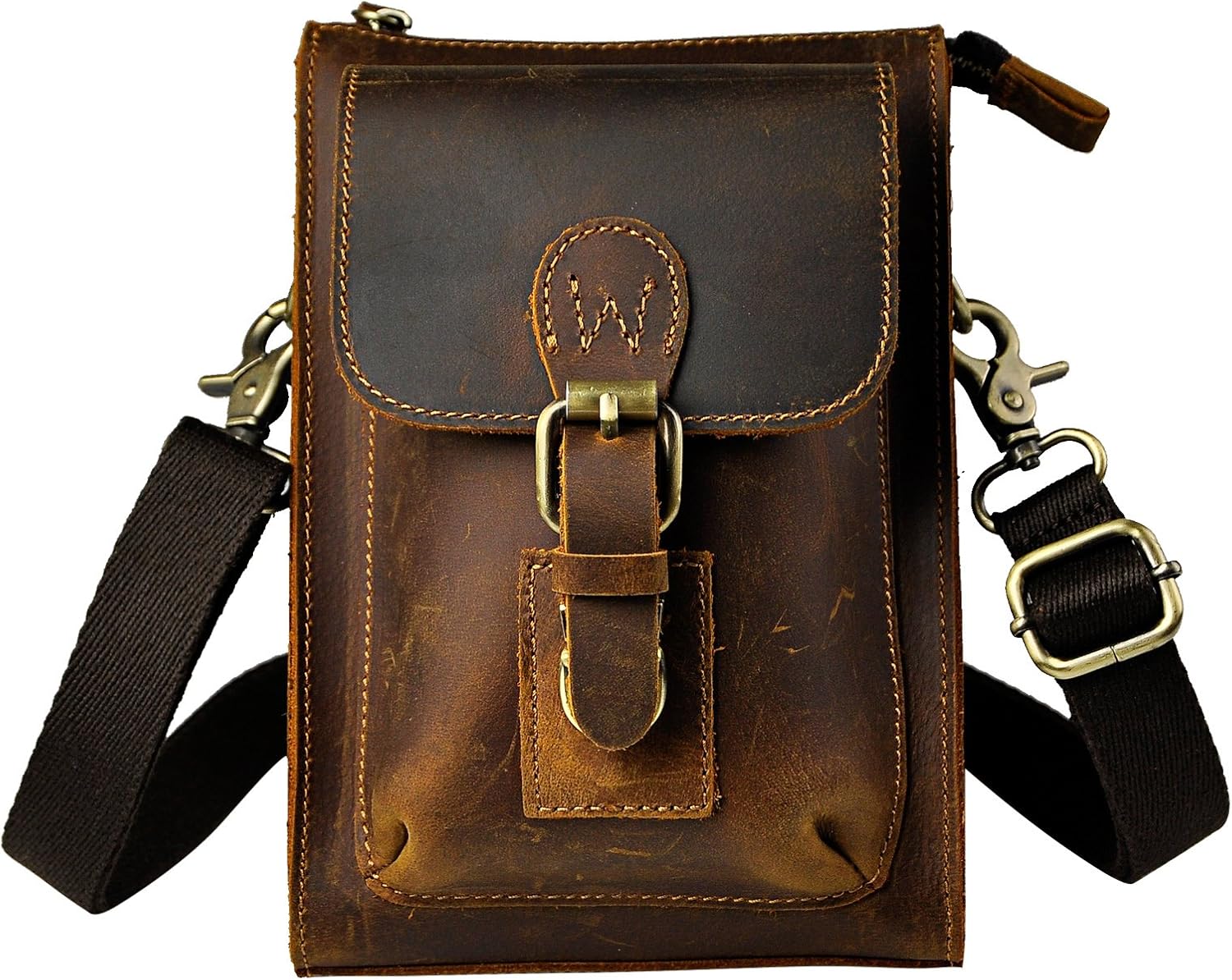 Le'aokuu Mens Genuine Leather Small Messenger Shoulder Satchel Phone Pouch Belt Waist Bag Pack 6402 (6402 Darkbrown)
