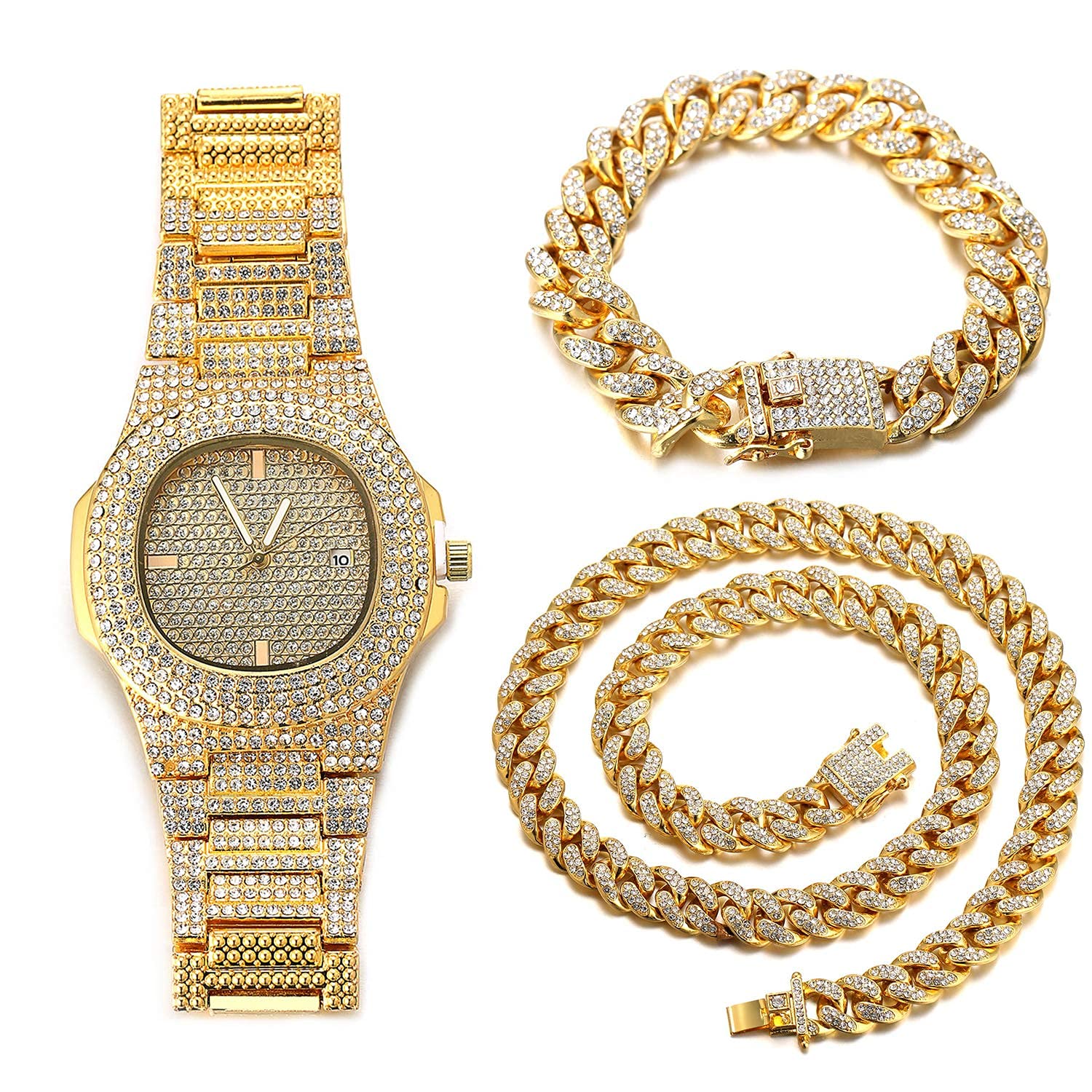 HALUKAKAH Diamond Gold Watch Iced Out,Men's 18k Real Gold Plated Quartz Wristband 24cm,with Cuban Link Chain 20cm Bracelet +45cm Necklace Set,Full Cz Diamonds,Free Giftbox