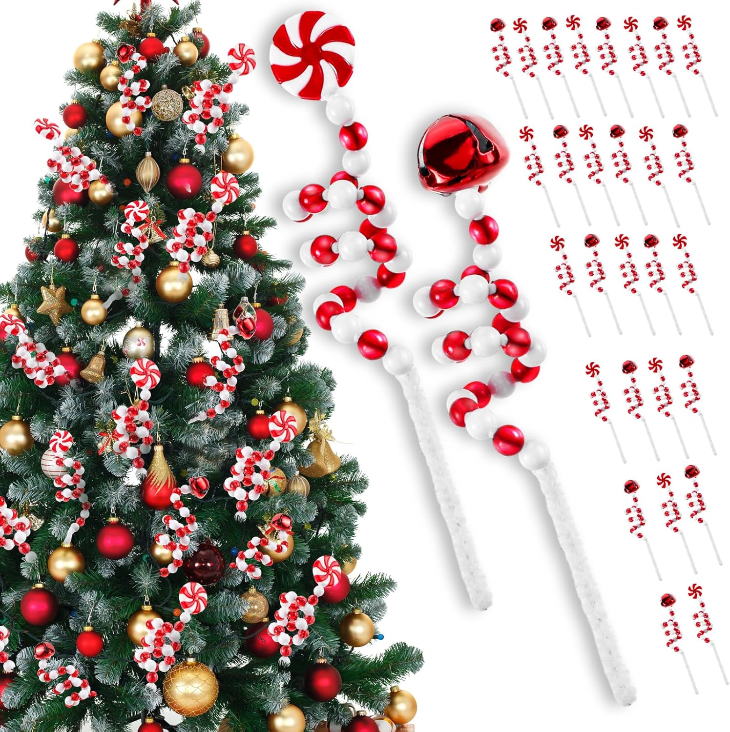 Tree Toppers - Bencailor 30 Pcs 8.66 Inch Christmas Tree Picks Decoration Christmas Bells Curly Pick Red White Lollipop Candy Cane Christmas Tree Topper for Home Office Xmas Holiday Party Vase Ornaments, 2 Style