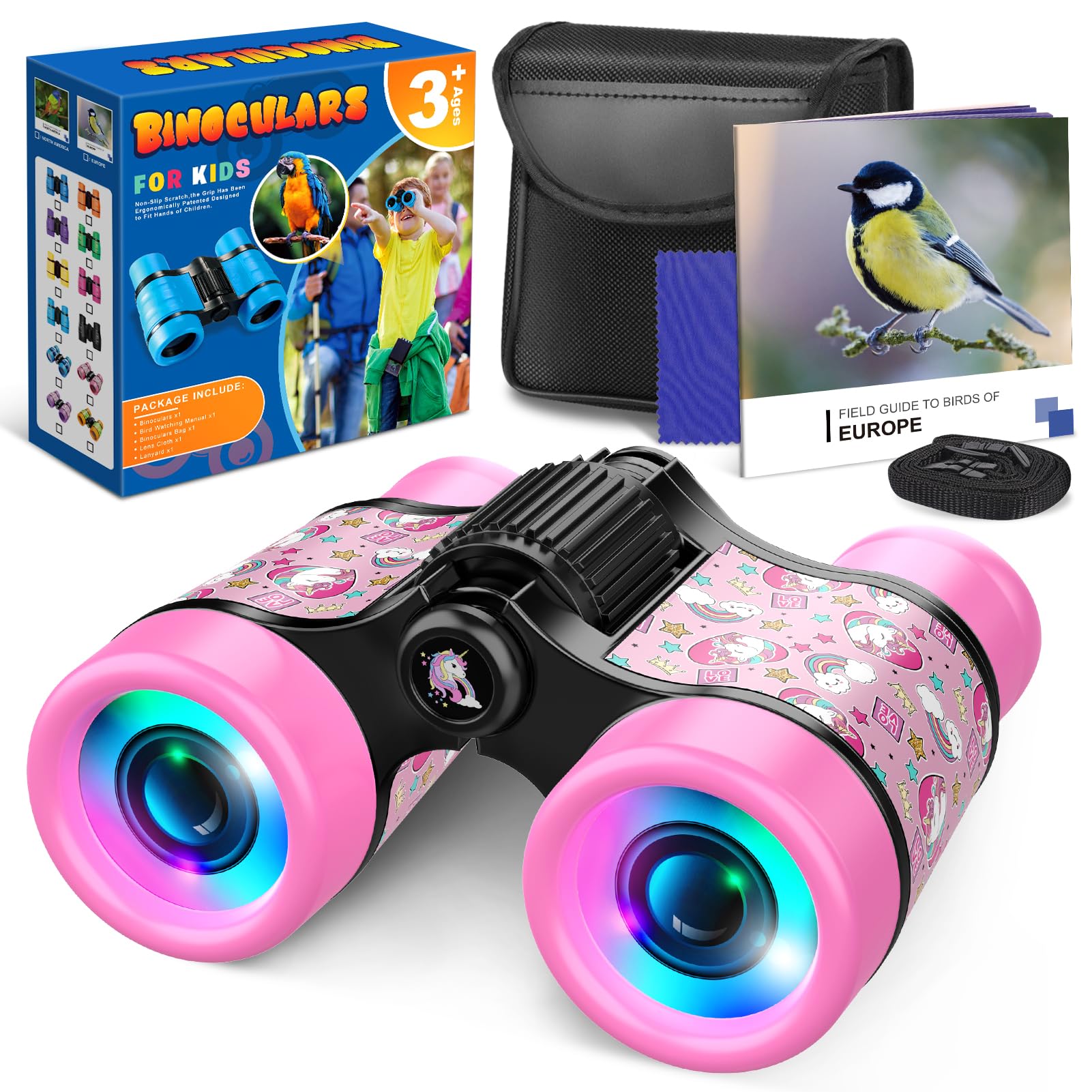 Dromlag Unicorn Kids Binoculars, 4x30, Foldable, Educational Learning, Outdoor Garden Toys for Bird Watching Hiking Camping, Girls Toys for 3-9 Year Old, Unicorn Gifts for Girls Birthday Presents