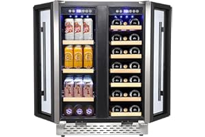 Acekool Wine and Beverage Refrigerator, 55 Cans and 20 Bottles Large Dual Zone Wine Cooler with Quiet Compressor, Blue LED, Dual Zone Temperature 24 Inch Under Counter Wine Fridge for Home Bedroom