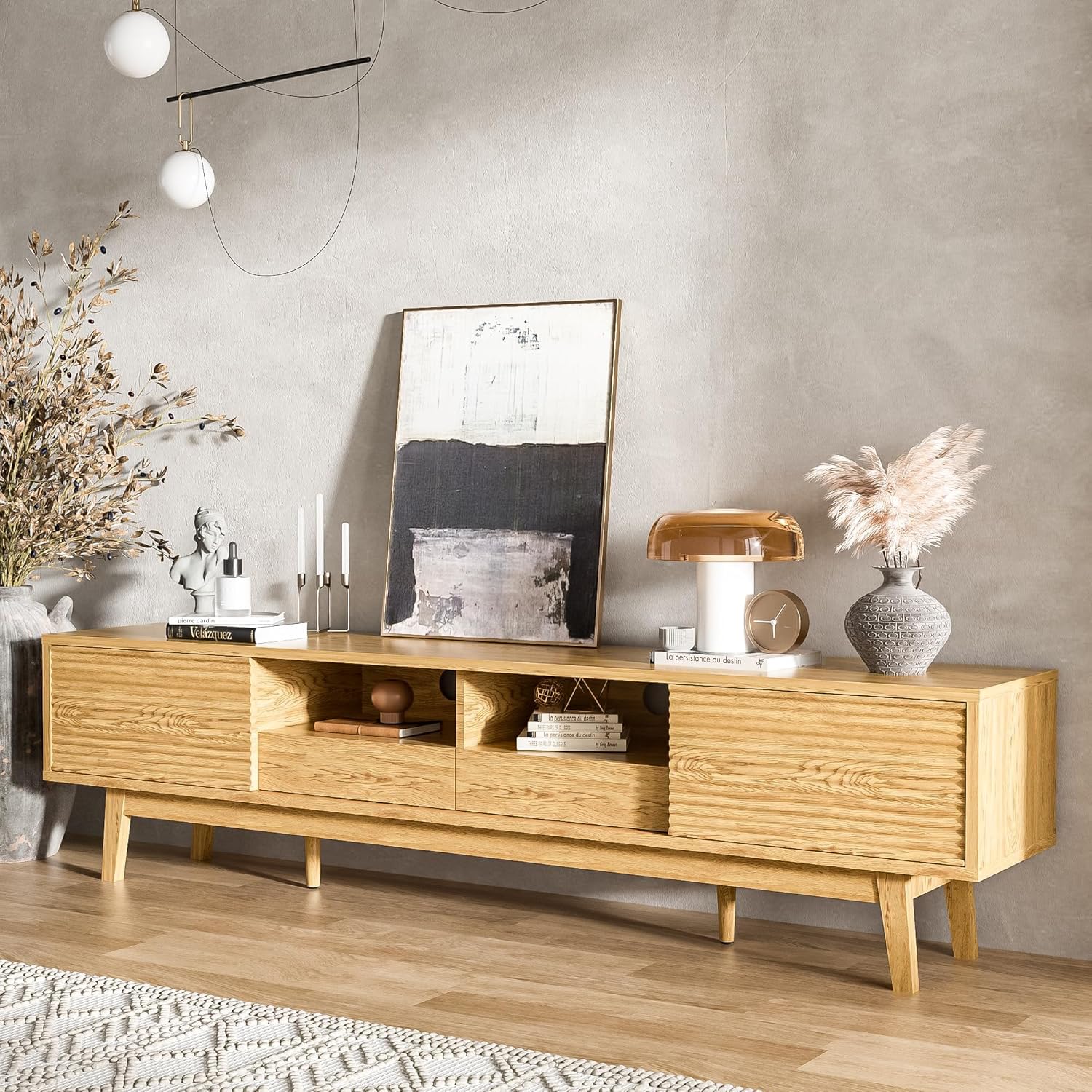 Photo 1 of Buytime 70 Inch Mid Century Modern TV Stand for 75 Inch TV, Wood Media Console with Fluted Sliding Doors and Drawers, Low Profile Entertainment Center for Living Room, Oak