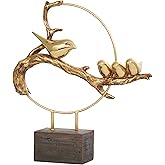 Deco 79 Polystone Bird Decorative Sculpture Family On A Branch Home Decor Statue with Brown Block Base, Accent Figurine 15" x
