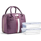 Fit & Fresh Bloomington Lunch Bag for Women - Insulated Large Lunch Box for Work with Containers, Leak-Resistant, Stain-Resistant, Zipper Closure, Plum Stripe