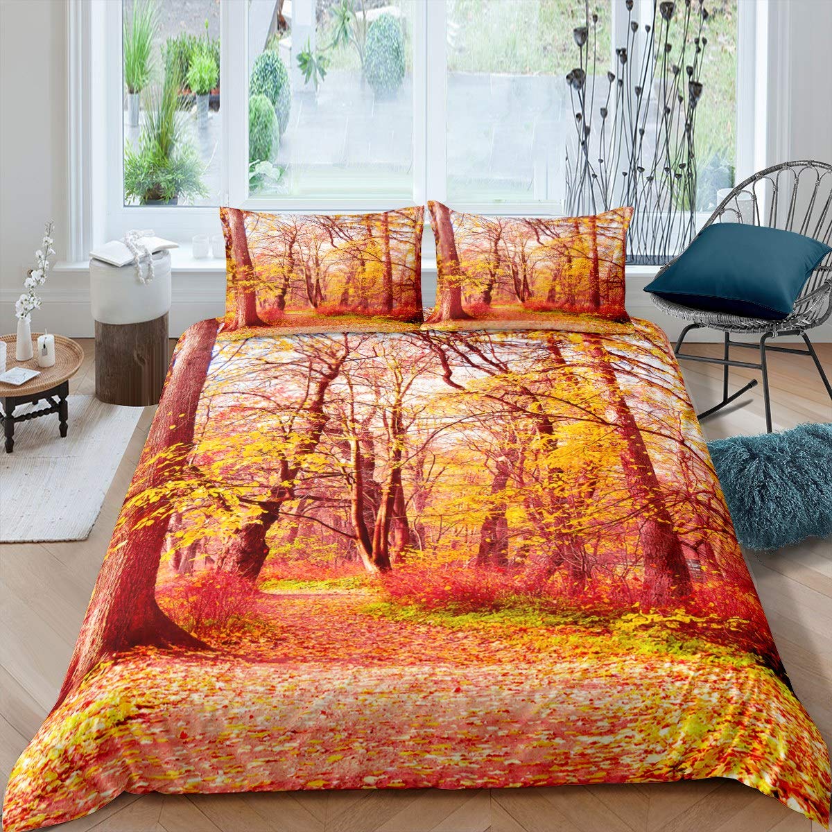 Loussiesd Fall Bed Cover Set,Autumn Woodland Leaves Duvet Cover Set,Nature Theme forest Tree Branches Bedding Set for Boys Teens Youth Woman Man Gift,Decor 2 Pcs Single Size