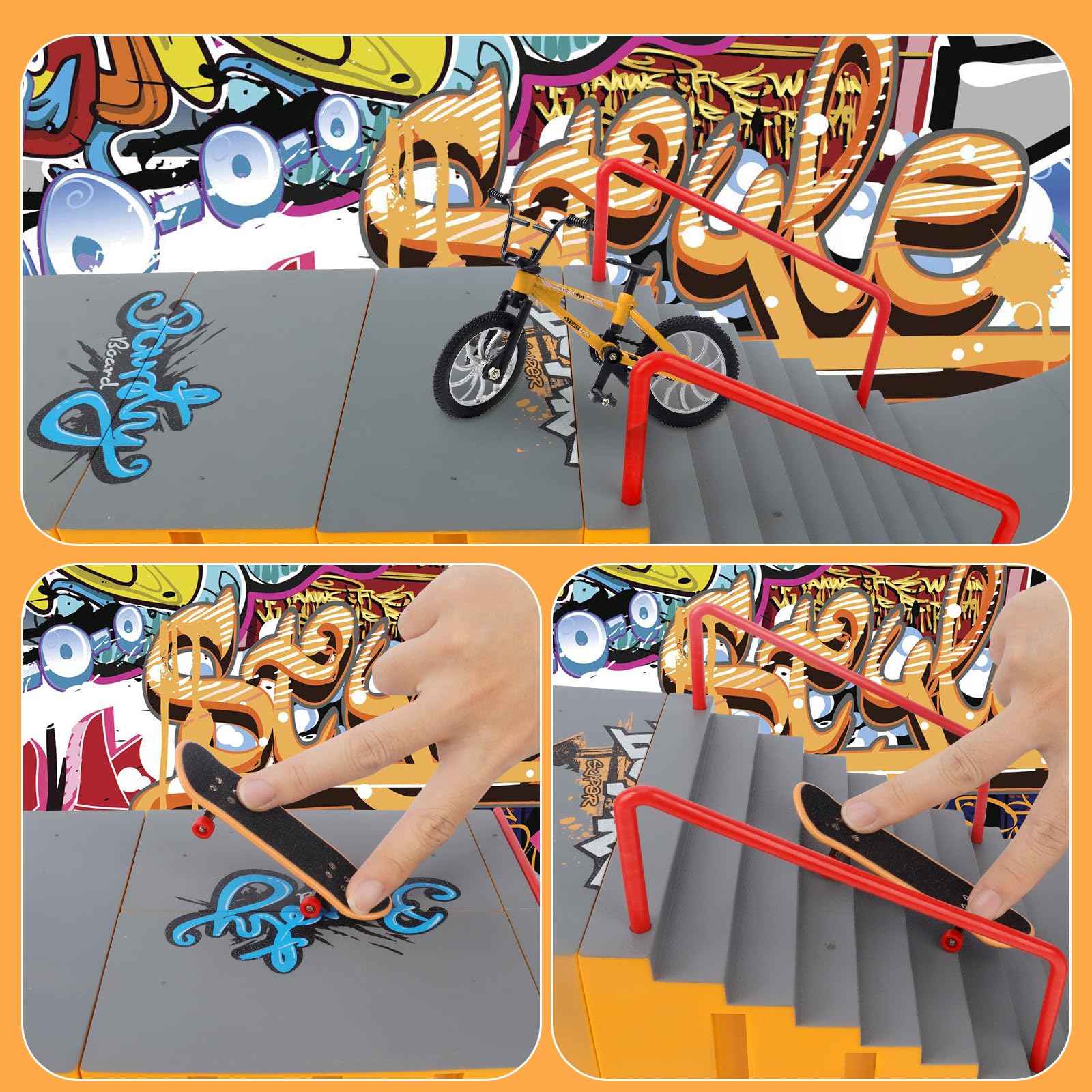 Finger Skateboard Park Kits,14-in-1 Bigger Finger Skateboard Ramp Set with 14 Ramps,8 Fingerboards,1 Finger Bike, Skate Park Kit,Fingerboard Skatepark Half Pipe Toys Gifts for Ages 3+