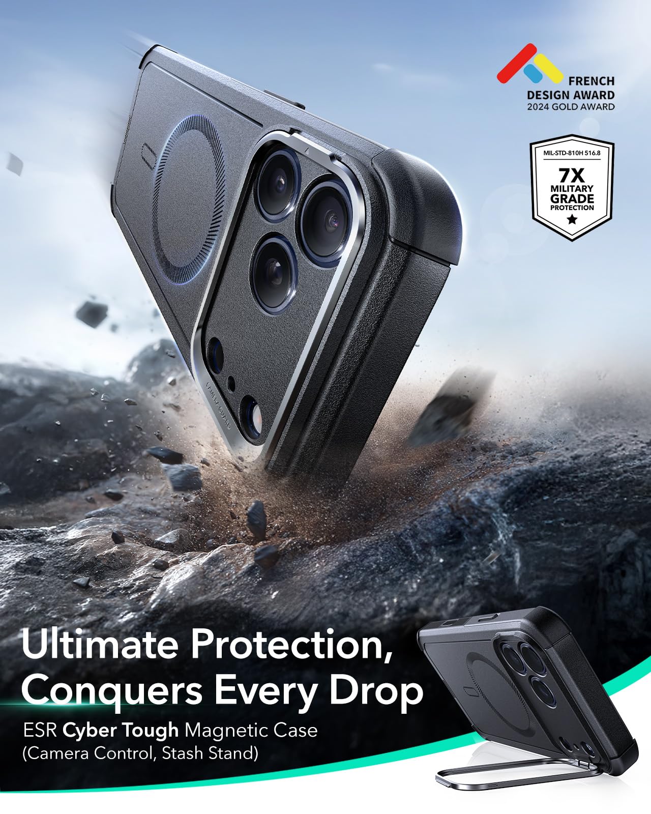 ESR for iPhone 17 Pro Max Case with Stash Stand, 7X Military-Grade Drop Protection with Camera Control, Shock-Absorbing Phone Rugged Cover, Compatible with MagSafe Accessories, Cyber Series, Black