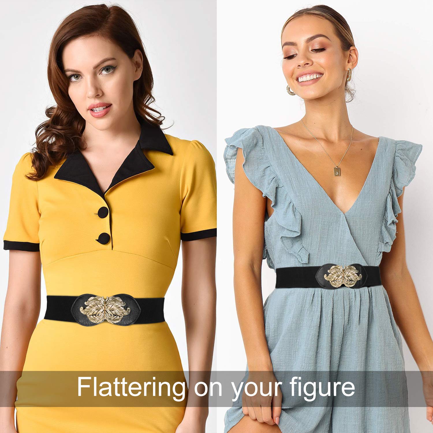 Retro Metal Leaf Buckle Belt Wide Elastic Waist Belt Elegant Stretch Dress Waistband For Women Ladies By JASGOOD