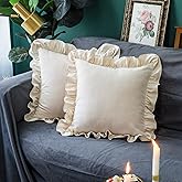 GLORY SEASON Throw Pillow Covers 2 Pack 100% Cotton Retro Ruffle Flounces Trim Solid Beige Square Decorative Pillow Cases for Farmhouse Cushion Case for Home Sofa Couch Decor 18x18 Inch