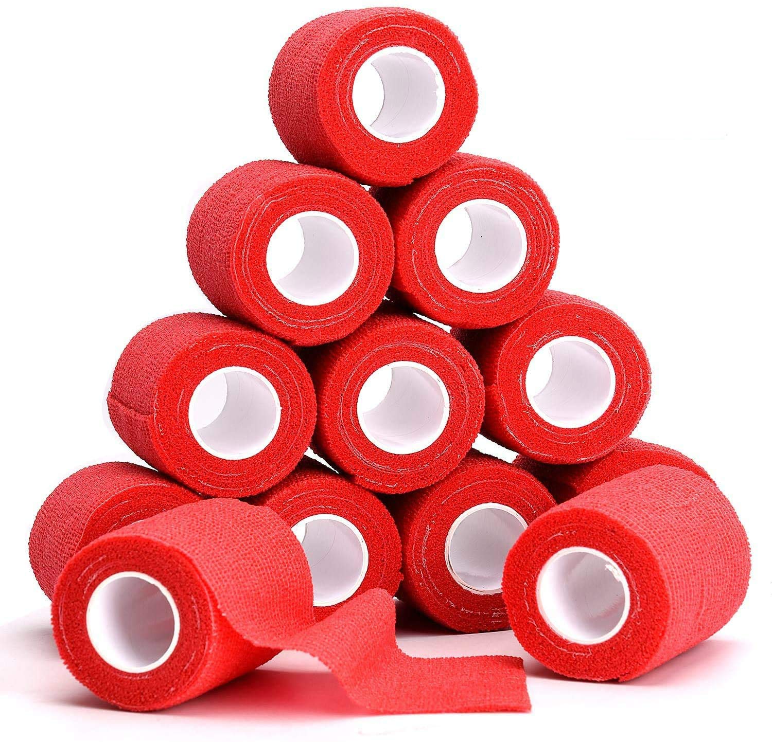 TOBWOLF Self Adherent Cohesive Bandage Wrap Roll, First Aid Bandages, Elastic Stretch Sport Athletic Vet Tape for Sports Wrist Ankle Sprain & Swelling - 12 PCS (7.5cmx4.5m, Red)