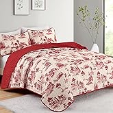 Yiran Red Leaves Botanical Toile Quilt Set with 2 Pillowcases,Farmhouse Castle Christmas Bedspread Coverlet,Soft Microfiber Bedding Set King Size 104"x90"