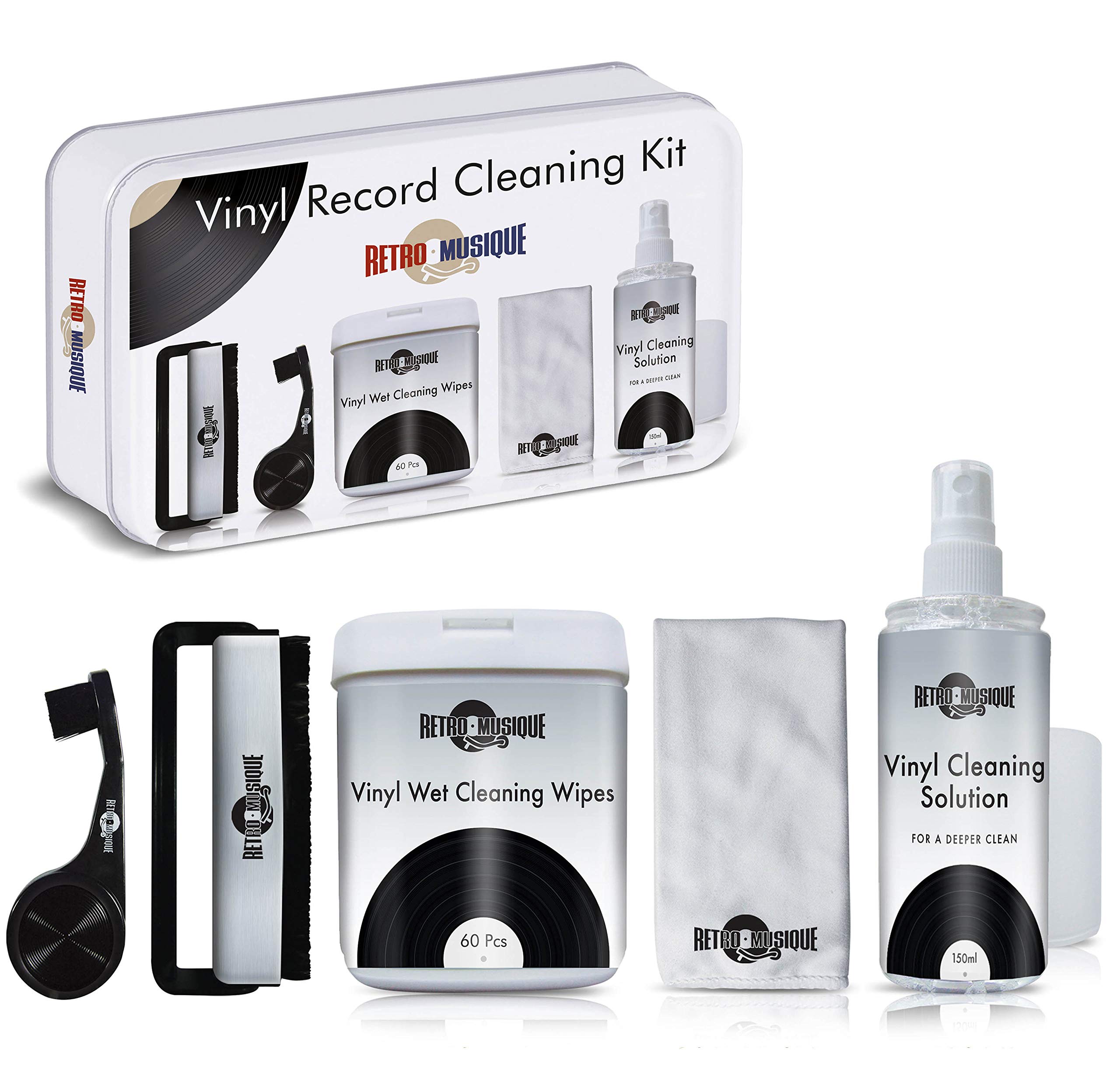 Retro Musique Vinyl Record Cleaner Kit Include:1 x Stylus Cleaning Brash, 1x Carbon Fibre Anti-Static Brash, 1 x 60 Pcs Vinyl Cleaning Wet Wipes, 1 x Micro Fribe Brash, 1 x Vinyl Cleaning Solution